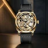 Tevise T894 mechanical watch Gold face black leather