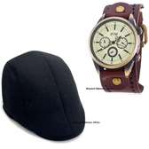 Mens Black Newsboy cap with leather watch