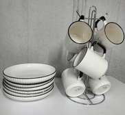 White Ceramic Mug Set 6 Mugs Plates with Stand