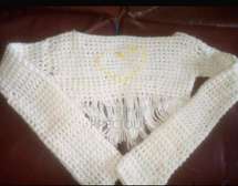 White Crochet Sweater One Size Boho Fringe Heart