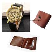 Unisex black leather skeleton watch with wallet combo