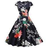 Vintage Floral Dress Black Multicolor V-Neck Cap Sleeve