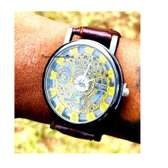 Unisex Maroon Leather skeleton watch with leather wallet