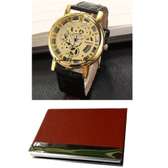 Gold Tone skeleton leather  watch with cardholder