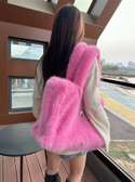 Pink Faux Fur Tote Bag Plush Spacious Shoulder Strap