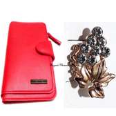 Womens Red Leather wallet with gold tone brooch
