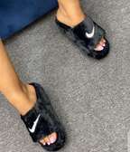 Nike Slippers Women Fluffy Slippers Faux Fur Open Toe Black