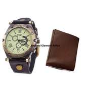 Mens Black Leather watch and wallet combo