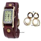Ladies Dark brown leather watch with earrings combo