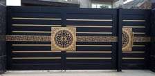 Metal Double Swing Gate Black Gold Geometric Design