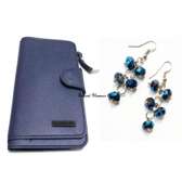 Womens Blue leather wallet with earrings combo