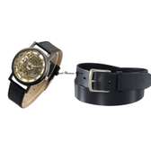 Mens Black Leather skeleton watch with belt combo