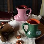 Ceramic Mug Set 3pcs Pink Green Brown Unique Design