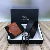 Black Genuine Leather Jaguar Buckle Belt & 2 Tone Wallet