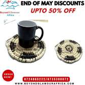 A  black and white coaster