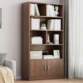 Wooden Bookshelf Walnut Finish with Cabinet Storage