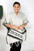 Cozy Gray Poncho with Black Pattern & Fringe