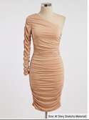 One-Shoulder Beige Ruched Dress Medium Stretchy