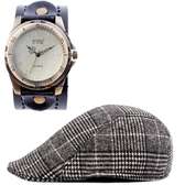 Mens Black Leather watch with newsboy cap