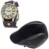 Mens Black newsboy cap with faux hair and leather watch
