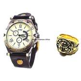 Mens Black Leather Watch+ Golden Watch