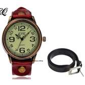 Unisex Red Leather watch with belt combo