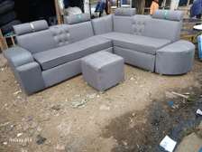 Gray Sectional Sofa Set with Ottoman and Tufting