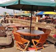 Solid Wood Outdoor Table Set 6 Folding Chairs Green Umbrella