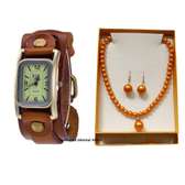 Womens Brown Leather watch and pearl jewelry set