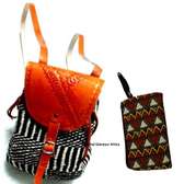 Ladies sisal backpack and ankara pouch