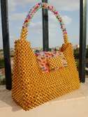 Handmade Gold Beaded Handbag with Multicolor Handle