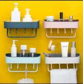 Bathroom organizer shelf with hooks