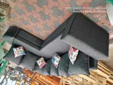 Grey l shaped sofa set on sell with throw pillows on offer