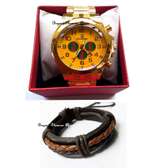 Mens Gold Tone watches with leather bracelet and gift  box