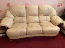 Cream Leather 3-Seater Sofa total 8 pieces with Wooden Frame