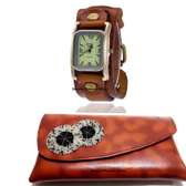 Womens Brown Leather watch with clutch combo