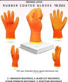 Orange latex rubber coated gloves, cut resistance.