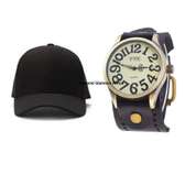 Mens Black Leather watch and cap combo