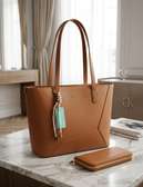 Elegant Brown Leather Tote Bag with Matching Wallet
