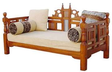 Wooden Sofa Daybed with Beige Cushions & Bolsters