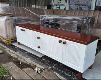 Wood TV Stand Brown Top 4 Cabinets 2 Drawers