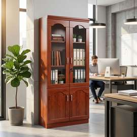 Wooden Office Cabinet Cherry Finish Glass Doors