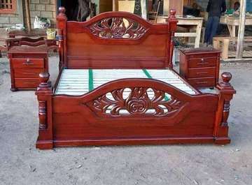 Solid Wood Queen Bed Frame with Nightstands Mahogany