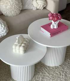 Modern White Side Tables Set of 2 with Ribbed Bases