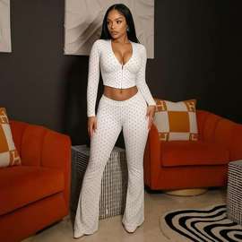 Chic Two-Piece Set White Zip Front Flared Pants