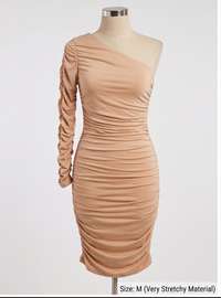 One-Shoulder Beige Ruched Dress Medium Stretchy