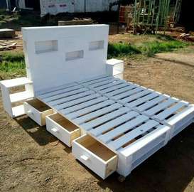 White Wooden Bed Frame with Storage Drawers & Shelves