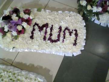 Mum Floral Tribute Purple Flowers White Background Wreath