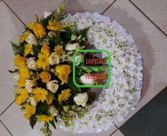 Elegant Yellow White Sympathy Flower Wreath with Roses