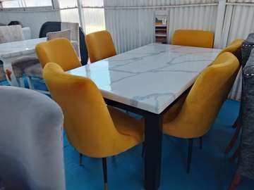 Marble Dining Table Set 6 Upholstered Chairs White Wood